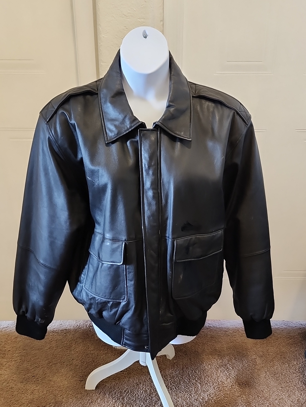 North Crest Men's Black Leather Bomber Jacket SZ XL